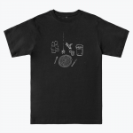 black T-shirt with white design depicting a table setting (knife, fork, plate, salt and pepper shakers)