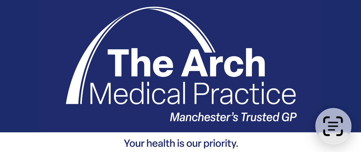 blue and white logo saying the arch medical practice manchester's trusted GP with a white arch over the words
